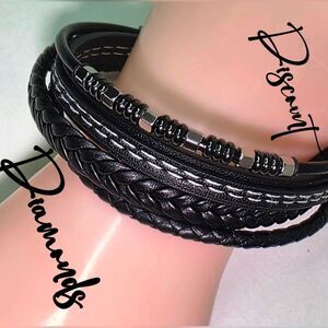 Black Genuine Braided  Leather & Black & Silver Titanium
